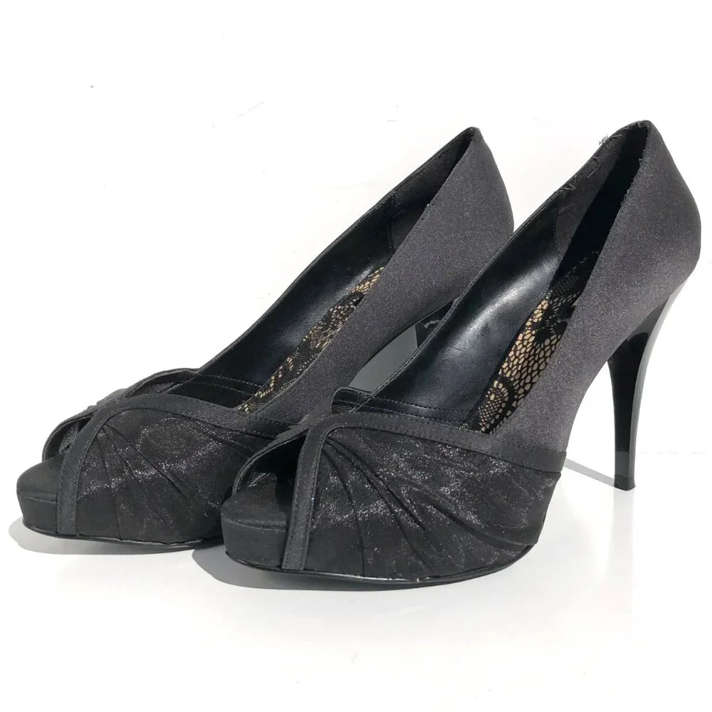 Zara Collection peep toe heels 37 black satin patent platform pump evening party